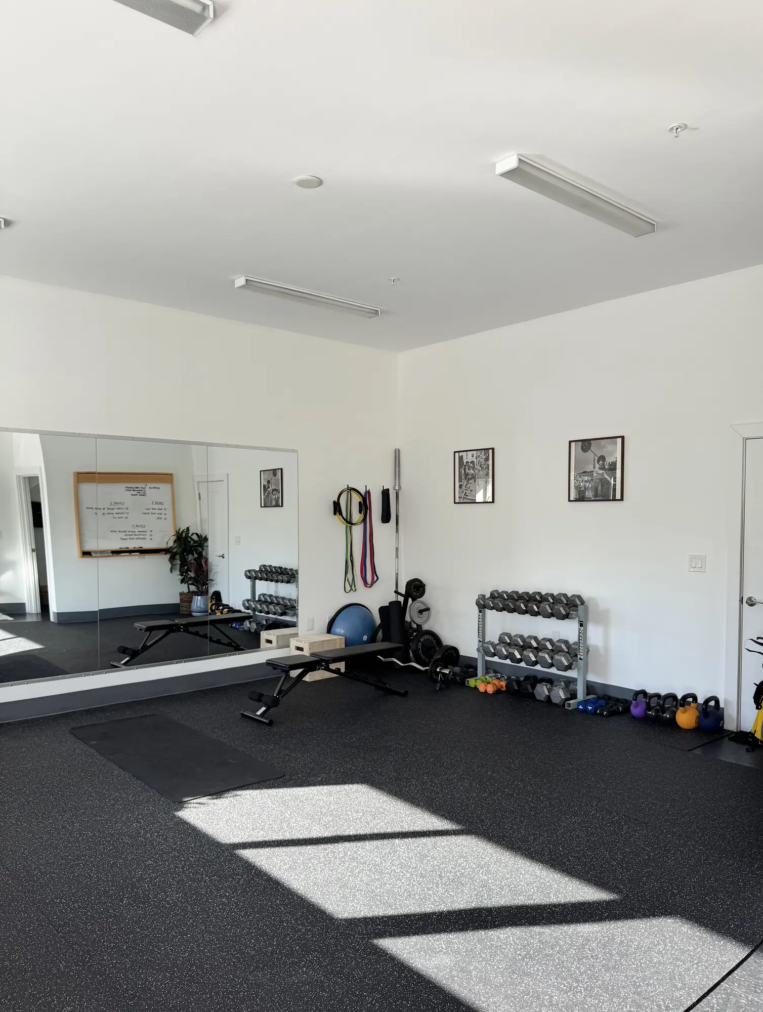 The new Wellness Current training studio with a mirrored wall, benches, and free weights.